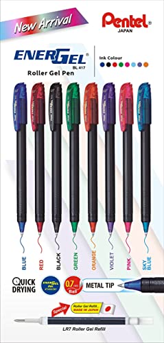 Pentel Energel Roller Gel Pen 0.7mm Metal Tip, 8 Assorted Colors, (Pack of 1)