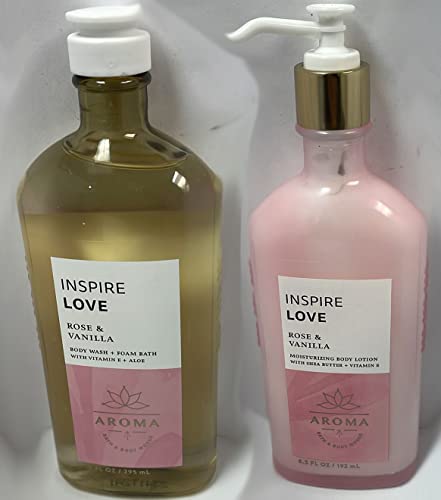 BATH AND BODY WORKS Aromatherapy LOVE - ROSE & VANILLA Duo Body Lotion and Body Wash Full Size