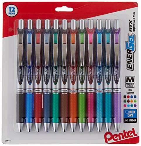 Pentel Gel Ink Pen, EnerGel RTX Retractable (0.7mm) Medium Point, Assorted Gel Ink Colors, 12 Pk (BL77BP12M)