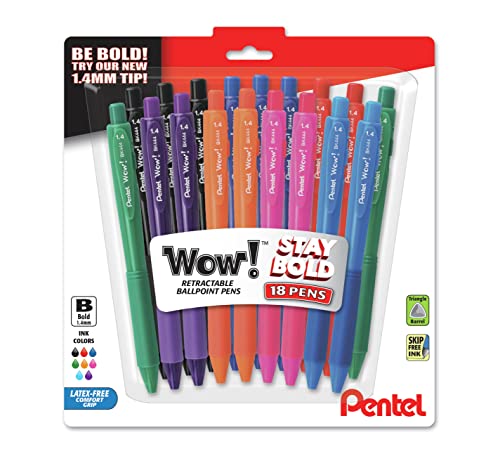 Pentel Wow! Retractable Ballpoint Pen, (1.4mm) Bold Line, Assorted Ink Colors, 18 Pack