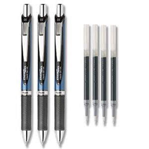 pentel energel deluxe rtx liquid gel ink pen set kit, pack of 3 with 4 refills (black – 0.5mm)