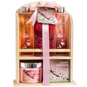 home spa gift basket – deluxe cherry blossom fragrance – luxury bath & body set for women – contains shower gel, bubble bath, bath salts, body lotion, bath puff, pink bath rose soaps in wooden curio