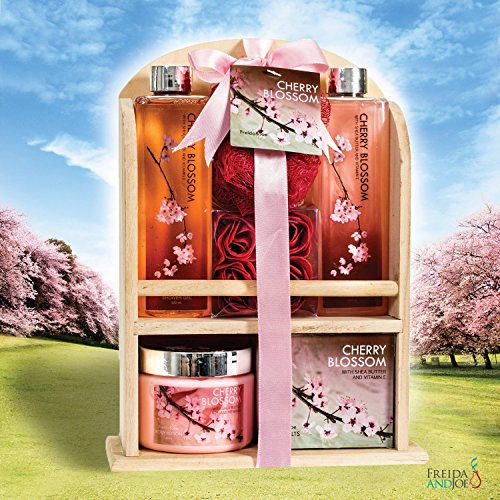 Home Spa Gift Basket - Deluxe Cherry Blossom Fragrance - Luxury Bath & Body Set For Women - Contains Shower Gel, Bubble Bath, Bath Salts, Body Lotion, Bath Puff, Pink Bath Rose Soaps in Wooden Curio