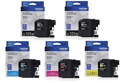 Genuine Brother LC101 (LC-101) Color (Bk/C/M/Y) Ink Cartridge 5-Pack (2xLC101BK, LC101C, LC101M, LC101Y) for Brother MFCJ470DW MFCJ475DW MFCJ650DW MFCJ870DW MFCJ875DW