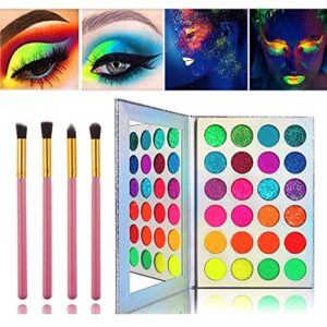 kalolary glow in the dark makeup, neon eyeshadow glow palette uv glow blacklight matte and glitter, 24 colors highly pigmented eyeshadow kit with 4 brushes for valentine’s day face body makeup