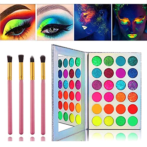 Kalolary Glow in the Dark Makeup, Neon Eyeshadow Glow Palette UV Glow Blacklight Matte and Glitter, 24 Colors Highly Pigmented Eyeshadow Kit with 4 Brushes for Valentine's Day Face Body Makeup