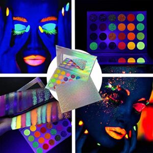 Kalolary Glow in the Dark Makeup, Neon Eyeshadow Glow Palette UV Glow Blacklight Matte and Glitter, 24 Colors Highly Pigmented Eyeshadow Kit with 4 Brushes for Valentine's Day Face Body Makeup