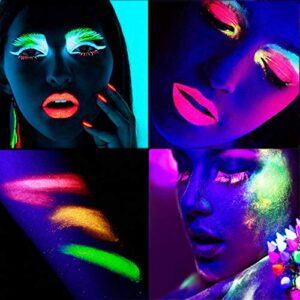 Kalolary Glow in the Dark Makeup, Neon Eyeshadow Glow Palette UV Glow Blacklight Matte and Glitter, 24 Colors Highly Pigmented Eyeshadow Kit with 4 Brushes for Valentine's Day Face Body Makeup