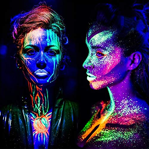 Kalolary Glow in the Dark Makeup, Neon Eyeshadow Glow Palette UV Glow Blacklight Matte and Glitter, 24 Colors Highly Pigmented Eyeshadow Kit with 4 Brushes for Valentine's Day Face Body Makeup