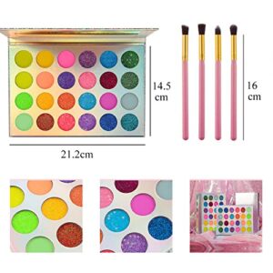 Kalolary Glow in the Dark Makeup, Neon Eyeshadow Glow Palette UV Glow Blacklight Matte and Glitter, 24 Colors Highly Pigmented Eyeshadow Kit with 4 Brushes for Valentine's Day Face Body Makeup