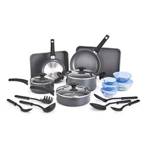 bella 21 piece cook bake and store set, kitchen essentials for first or new apartment, assorted non stick cookware, 9 nylon hassle-free cooking tools, 5 glass storage bowls w lids, bpa & pfoa free