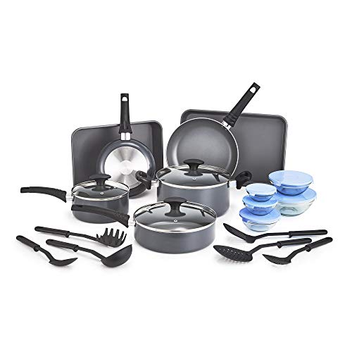 BELLA 21 Piece Cook Bake and Store Set, Kitchen Essentials for First or New Apartment, Assorted Non Stick Cookware, 9 Nylon Hassle-Free Cooking Tools, 5 Glass Storage Bowls w Lids, BPA & PFOA Free