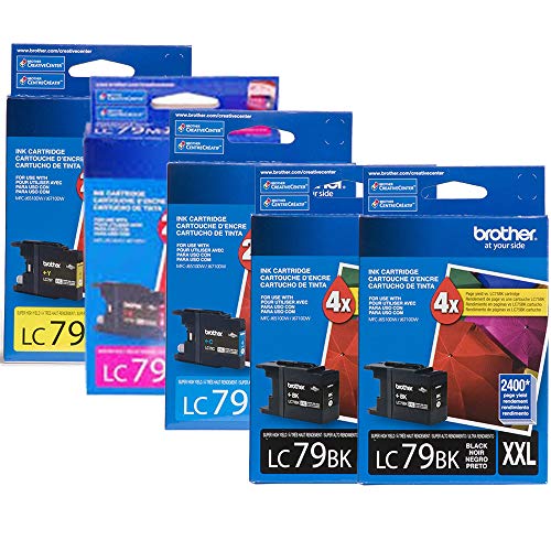 Genuine Brother LC79 (LC-79) Super High Yield Color (Bk/C/M/Y) Ink Cartridge 5-Pack (2xLC79Bk, LC79C, LC79M, LC79Y) for Brother MFCJ5910DW MFCJ6510DW MFCJ6710DW MFCJ6910DW