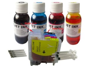 nd brand dinsink brother lc61 lc65/38/16/970/980/1100 refillable ink cartridge+ 400ml nd brand bulk refill ink specially formulated for brother – cyan, yellow, magenta, and black color+4syringes for brother :mfc-250c mfc-255cw mfc-290c mfc-295cn mfc-490cw