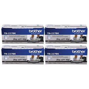 brother genuine tn227, tn227bk, high yield toner cartridge, replacement black toner, page yield up to 3,000 pages, tn227bk, pack of 4