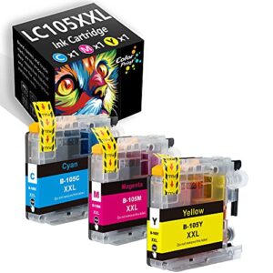 colorprint compatible lc105 ink cartridge color replacement for brother lc105xxl lc-105xxl lc-105 xxl work with mfc j4310dw j4410dw j4510dw 4610dw j4710dw laser printer (3-pack, cyan, magenta, yellow)