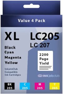 inkjetsclub brother lc205 / lc 207 high yield ink cartridge ink cartridge replacement 4 pack value pack. includes 1 black, 1 cyan, 1 magenta and 1 yellow compatible ink cartridges