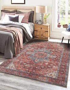 adiva rugs machine washable area rug with non slip backing for living room, bedroom, bathroom, kitchen, printed persian vintage home decor, floor decoration carpet mat (terra, 3′ x 5′)
