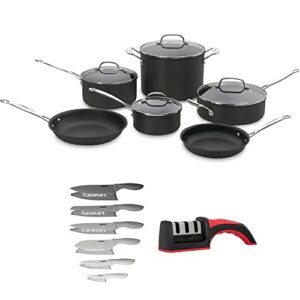 cuisinart 66-10 chef’s classic nonstick hard-anodized 10-piece cookware set bundle with cuisinart advantage 12-piece gray knife set with blade guards and deco essentials 3 slot manual knife sharpener