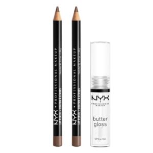 nyx professional makeup slim lip pencil (espresso) + butter gloss (sugar glass, clear), 3-pack bundle