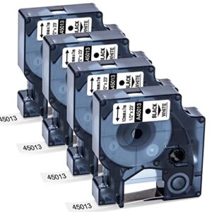 4 pack replace for dymo d1 45013 label tape refill 45013s s0720530 12mm x 7m, 1/2 inch labeling tape for dymo labelmanager 160 210d 280 420p 360d 450 450duo label maker, black on white