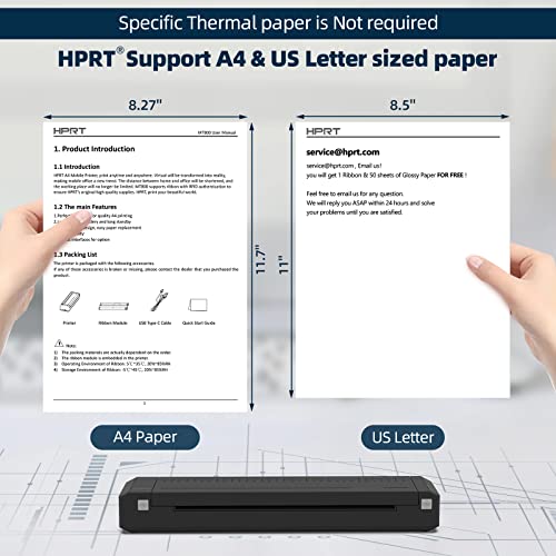 HPRT Wireless Bluetooth Portable Printer+Case+Ribbon 3 in 1 by Thermal Transfer MT800 for Travel Printer Compatible with Android and iOS Phone, Support 8.5" X 11" US Letter & A4 Size Paper