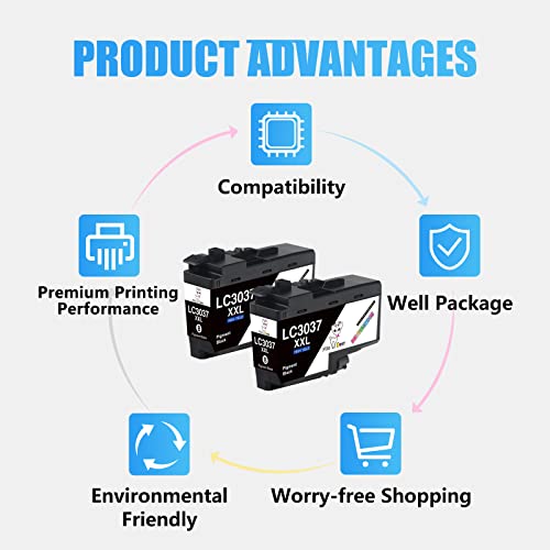 Miss Deer LC3037 Black Ink Cartridges Compatible Replacement for Brother LC3037BK LC3037 LC3037XXL LC3039, Work for Brother MFC-J6945DW MFC-J5845DW XL MFC-J5945DW MFC-J6545DW XL (2 BK,Pigment Ink)