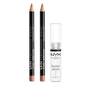 nyx professional makeup slim lip pencil (peakaboo neutral) + butter gloss (sugar glass, clear), 3-pack bundle