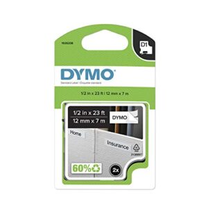 dymo standard d1 self-adhesive polyester tape for label makers, 1/2-inch, black print on white, 23-foot cartridge, 2-pack (1926208)