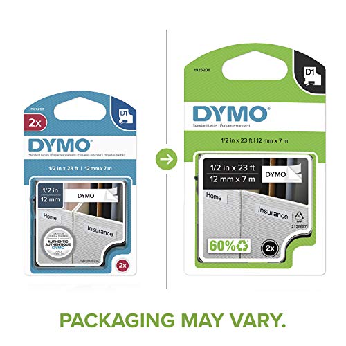 DYMO Standard D1 Self-Adhesive Polyester Tape for Label Makers, 1/2-inch, Black Print on White, 23-Foot Cartridge, 2-Pack (1926208)