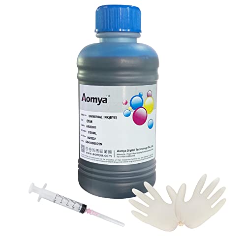 Aomya Ink Refill Kit 250ml Cyan Universal Dye Bulk Ink for Canon HP Epsn Brother Inkjet Printers Refillable Cartridge CISS CIS System (9 oz) with Syringe&Glove