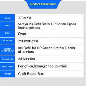 Aomya Ink Refill Kit 250ml Cyan Universal Dye Bulk Ink for Canon HP Epsn Brother Inkjet Printers Refillable Cartridge CISS CIS System (9 oz) with Syringe&Glove