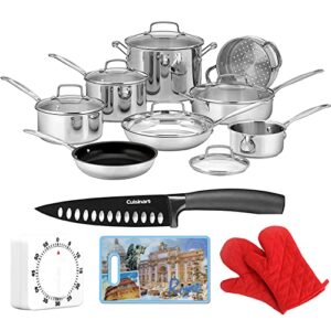 cuisinart 77-14n chef’s classic stainless 14-piece set stainless steel bundle with classic nonstick edge 6 inch chef’s knife black, cutting board, pair of oven mitts and mechanical kitchen timer
