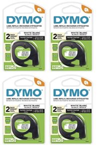 dymo 10697 self-adhesive white paper labeling tape for letratag (lt) label makers; 4 blister packs (8 refills); each blister pack with hang hole contains two 1/2″ wide x 13ft long (12mm x 4m) refill rolls; black print on white paper tape