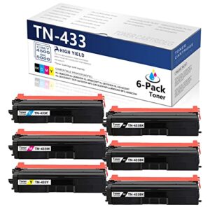 tn433 toner cartridge -dra compatible tn433bk tn433c tn433m tn433y toner – (6-pack,3bk+1c+1m+1y) replacement for brother hl-l8360cdwt hl-l9310cdw mfc-l8610cdw mfc-l8690cdw printer | tn-433 toner