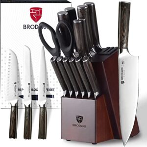 brodark kitchen knife set with block, upgraded nsf (food safe) 15 pcs german stainless steel professional chef knife set with knife sharpener, ultra sharp full tang knife block set, best gift