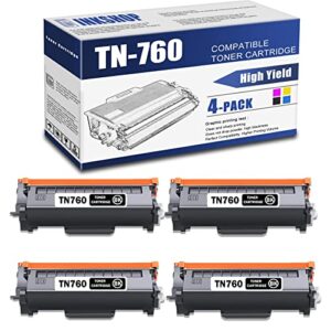 tn760 compatible tn-760 black high yield toner cartridge replacement for brother tn-760 dcp-l2550dw mfc-l2710dw hl-l2350dw hl-l2370dw hl-l2390dw toner.(4 pack)
