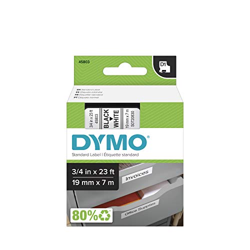 DYMO Authentic Standard D1 Labeling Tape for LabelManager Label Makers, Black Print on White Tape, 3/4'' W x 23' L, 1 Cartridge (45803)