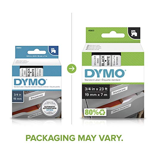 DYMO Authentic Standard D1 Labeling Tape for LabelManager Label Makers, Black Print on White Tape, 3/4'' W x 23' L, 1 Cartridge (45803)