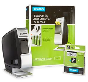dymo labelmanager plug n play label maker with 1 extra roll of d1 labeling tape (black print on clear tape) – bundle