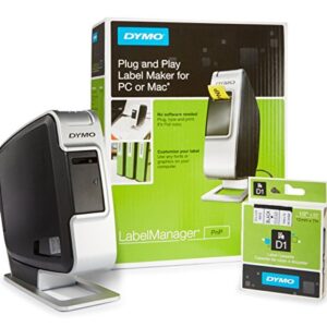 DYMO LabelManager Plug N Play Label Maker with 1 Extra roll of D1 Labeling Tape (Black Print on Clear Tape) - Bundle