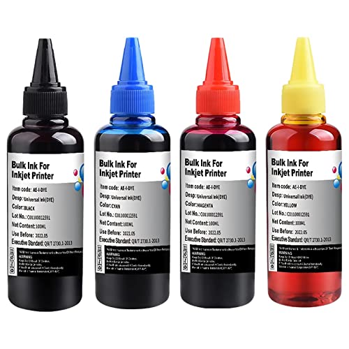 Universal Dye Ink Refill Kit for HP Canon Epn Brother Lexmark Printers Compatible Cartridges Refillable Cartridge CISS CIS System 4 Color Set with 4 Free Syringes (BK, C, M, Y)