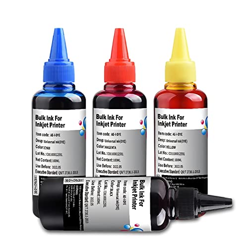 Universal Dye Ink Refill Kit for HP Canon Epn Brother Lexmark Printers Compatible Cartridges Refillable Cartridge CISS CIS System 4 Color Set with 4 Free Syringes (BK, C, M, Y)