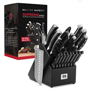 19-piece kitchen knife set with wooden knife block – german stainless steel knife set for kitchen with block, paring, chefs, santoku, carving, utility & 8 steak knives – knife sharpener & shears