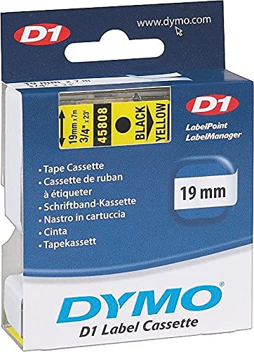 DYMO 45808 D1 High-Performance Polyester Removable Label Tape, 3/4 x 23 ft, Black on Yellow