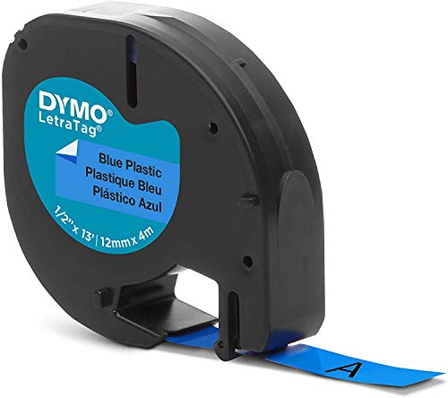 Dymo 91335 LetraTag Labeling Tape, for LetraTag Label Makers, Black Print on Blue Plastic Tape, 1/2" W x 13' L