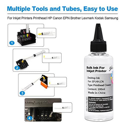 EXCERCUS Printhead Cleaning Kit Compatible for Brother Epson HP Canon Nozzle Inkjet EcoTank Officejet Deskjet Pixma Printers-Liquid Printers Head Cleaning Suit Solution 100ml, 5ml Premium Syringe