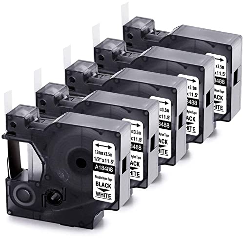 Wonfoucs Replacement for 18488 Dymo Flexible Nylon Labels 1/2" Rhino 4200 5200 6000 Label Tape Work with Dymo Rhino Pro LabelWriter Industrial Label Makers, Black on White, 1/2" x 11.5', 5-Pack