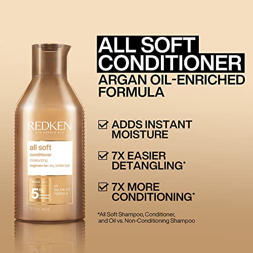 Redken All Soft Conditioner | For Dry / Brittle Hair | Moisturizes & Provides Intense Softness | With Argan Oil | 10.1 Fl Oz (Pack of 1)