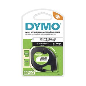 dymo letratag labeling tape, label makers, black print on white paper, 1/2″ w x 13′ l, 1 cassette